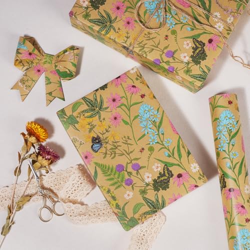 BIOBROWN Kraft Floral Wrapping Paper Roll - 17 Inches X 33 Feet (47 sq. ft. ttl.) Wildflower Design Flower Gift Wrap for Mother's Day, Wedding, Bridal Shower, Birthday, Engagement - Image 2