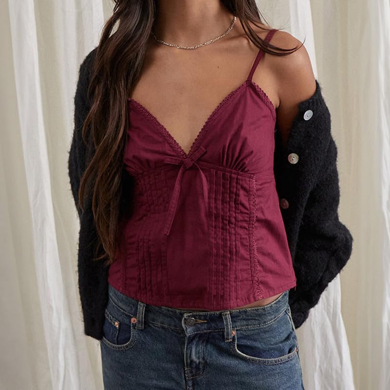 Argeousgor Women Y2k Babydoll Tank Tops Lace Trim V Neck Crop Cami Spaghetti Strap Peplum Top Summer Cute Aesthetic Flowy Shirts (Lace Wine Red, S) - Image 4