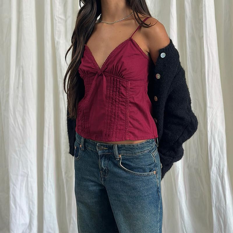 Argeousgor Women Y2k Babydoll Tank Tops Lace Trim V Neck Crop Cami Spaghetti Strap Peplum Top Summer Cute Aesthetic Flowy Shirts (Lace Wine Red, S) - Image 5