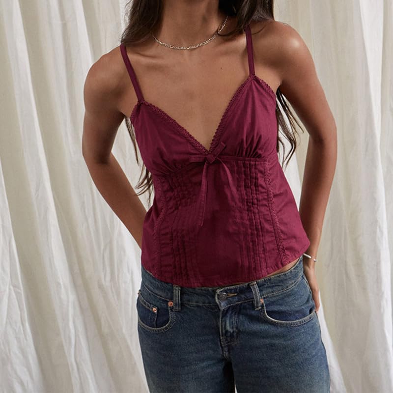 Argeousgor Women Y2k Babydoll Tank Tops Lace Trim V Neck Crop Cami Spaghetti Strap Peplum Top Summer Cute Aesthetic Flowy Shirts (Lace Wine Red, S) - Image 2