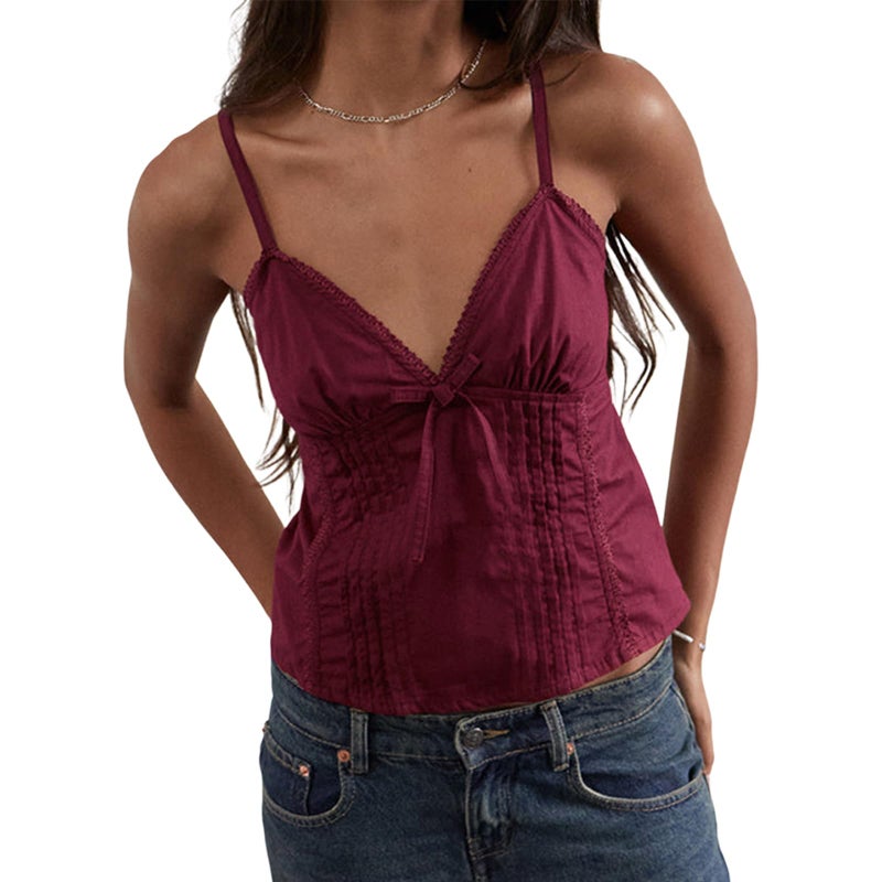 Argeousgor Women Y2k Babydoll Tank Tops Lace Trim V Neck Crop Cami Spaghetti Strap Peplum Top Summer Cute Aesthetic Flowy Shirts (Lace Wine Red, S) - Image 1