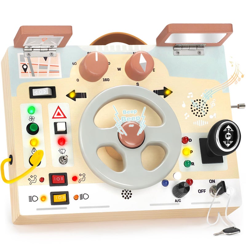 Joyreal Montessori Toddler Busy Board Montessori Toys for 1 2 3 Years Old Wooden Sensory Board with LED Lights Steering Wheel Music Player Travel Toys for 1 Year Old Boy Girl Birthday Gift - Image 2