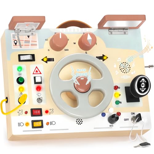 Joyreal Montessori Toddler Busy Board Montessori Toys for 1 2 3 Years Old Wooden Sensory Board with LED Lights Steering Wheel Music Player Travel Toys for 1 Year Old Boy Girl Birthday Gift - Image 1