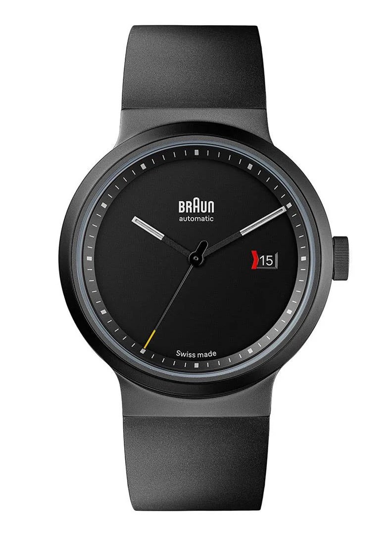BRAUN Braun Swiss Made 3-Hand Automatic Analogue Mens Watch with Date, Black Dial and Black Rubber Strap, 40mm Gun Metal Gray Stainless Steel Case, Model BN0279BKGNG 