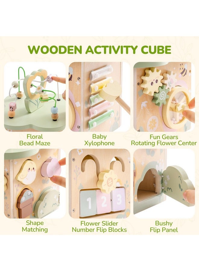 ROBUD Wooden Activity Cube, Educational Wooden Toys with 7 Functional Areas, Montessori Toys for 1+ Year Old Boys & Girls, Flower Bush Theme - Image 3