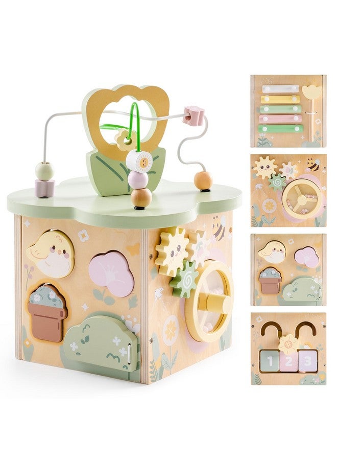 ROBUD Wooden Activity Cube, Educational Wooden Toys with 7 Functional Areas, Montessori Toys for 1+ Year Old Boys & Girls, Flower Bush Theme - Image 1