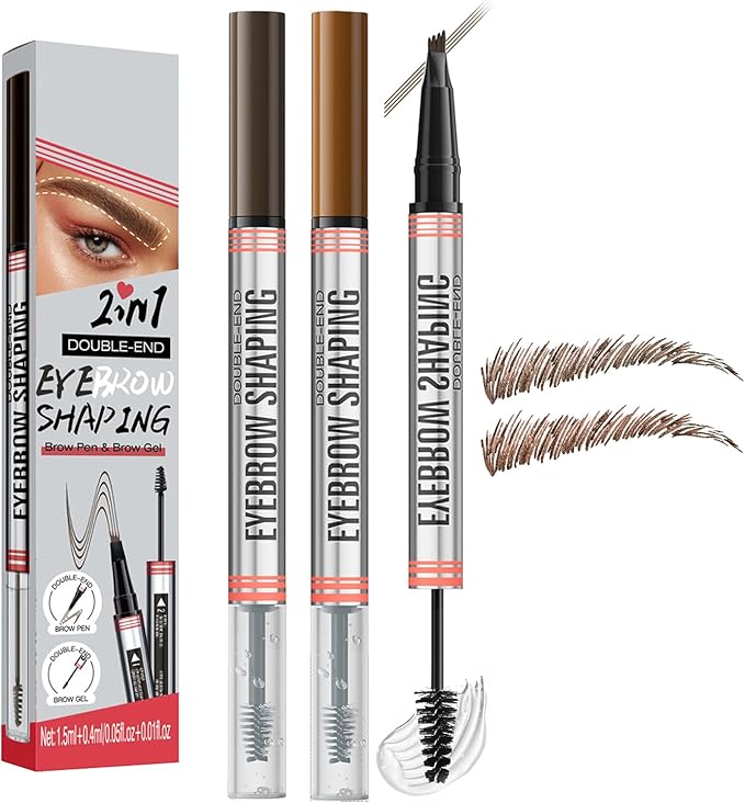 2 PCS Brown Eyebrow Pen and Eyebrow Gel 2in1 Brow Pen with 4Fork Tip Waterproof Brow Gel for Defined Natural Brows for Shaping and Filling Sparse Areas Natural Brow Dark Light Brown - Image 1