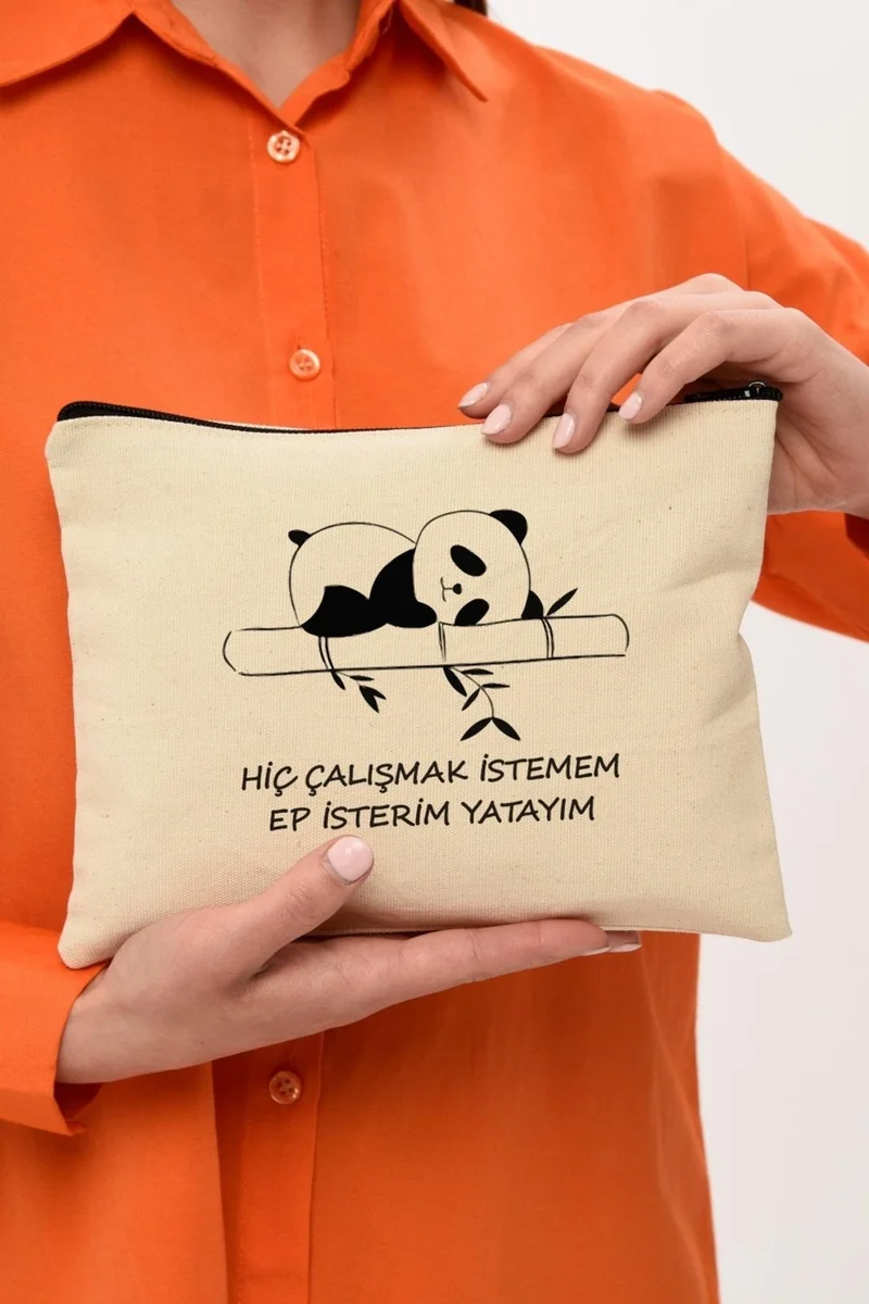 Çınar Bez Çanta Çınar Cloth Bag Clutch I Don't Want to Work Printed Canvas Makeup Bag