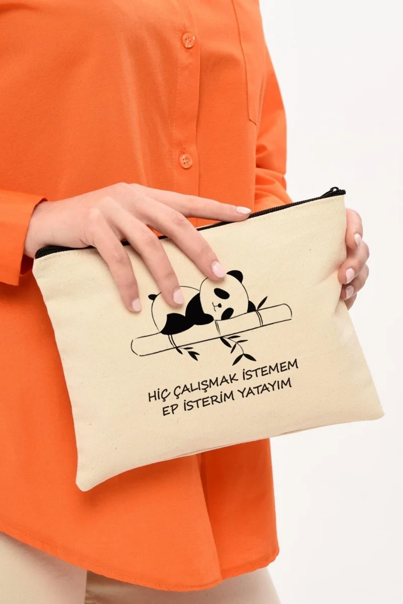 Çınar Bez Çanta Çınar Cloth Bag Clutch I Don't Want to Work Printed Canvas Makeup Bag