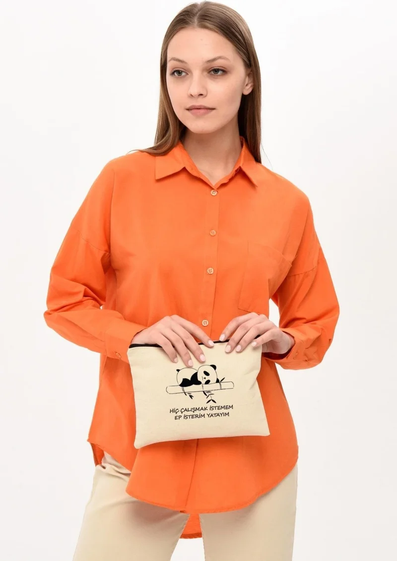 Çınar Bez Çanta Çınar Cloth Bag Clutch I Don't Want to Work Printed Canvas Makeup Bag