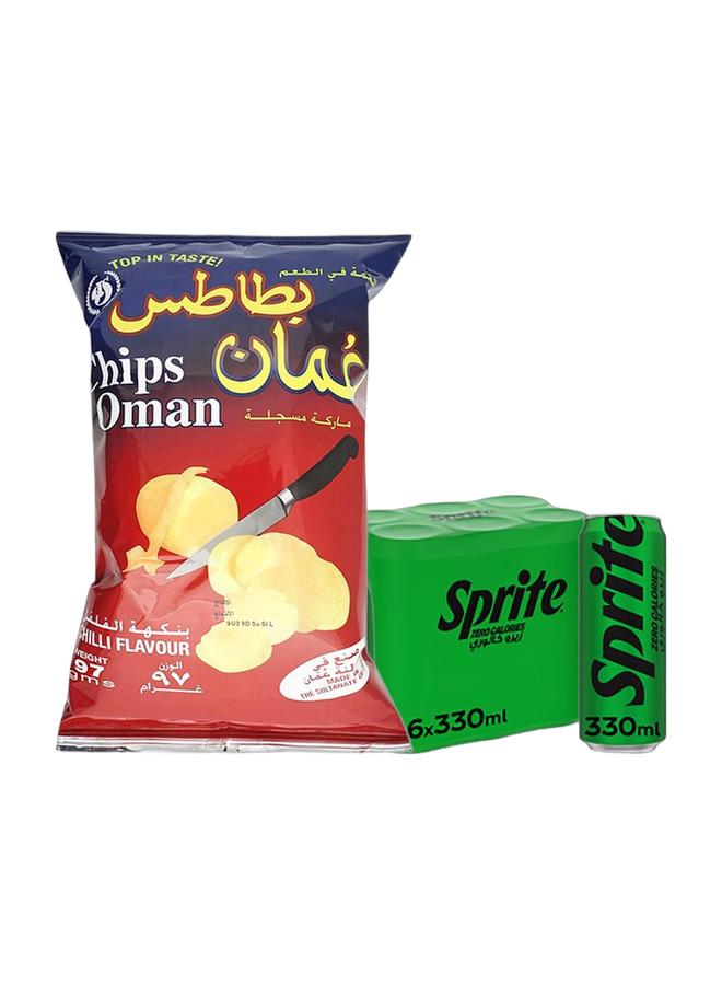 noon Chips Oman Chilli Flavour Potato Chips 97grams + Sprite Zero Lemon Lime Carbonated Soft Drink Can Pack 6 x 330ml - Image 1