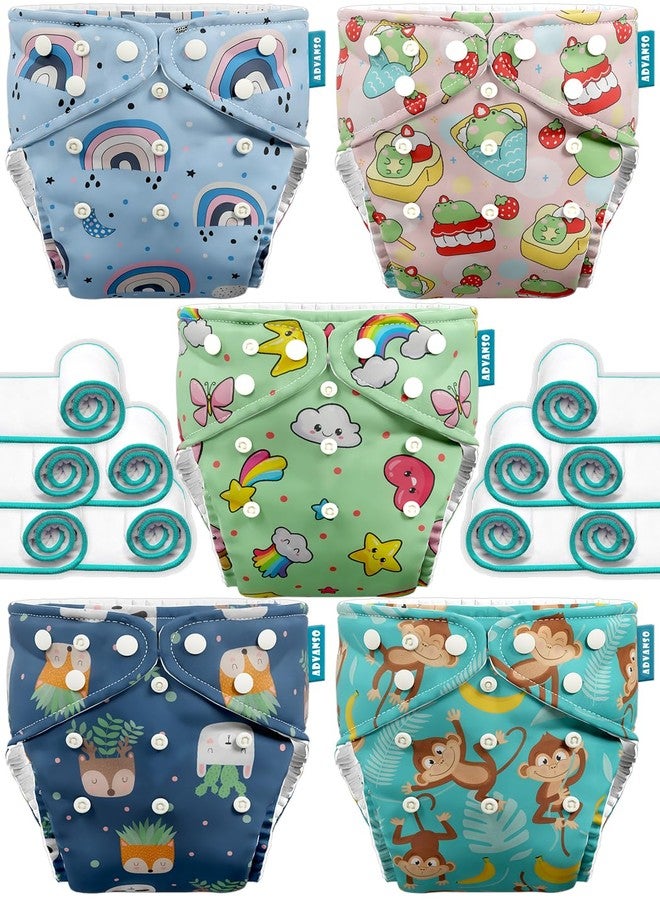 Advanso Leakage Proof cloth diapers for babies, high absorbent 5 reusable diaper 10 insert pad combo pack washable cloth diaper free size 5-18kg adjustable pocket cover P85 - Image 1