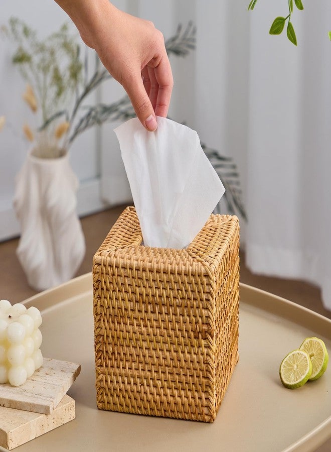 Kmelep Hand-Woven Rattan Tissue Box Cover, Square Wicker Tissue Holder, Natural Woven Facial Napkin Holder - Image 4