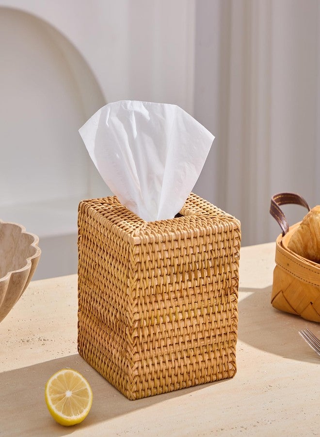 Kmelep Hand-Woven Rattan Tissue Box Cover, Square Wicker Tissue Holder, Natural Woven Facial Napkin Holder - Image 2