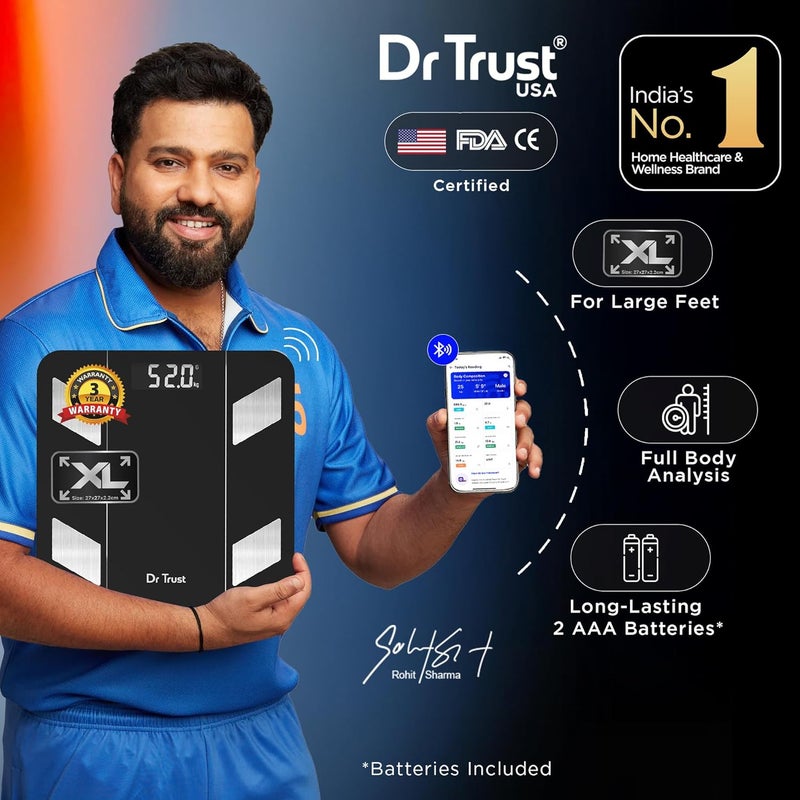 Dr Trust آلة قياس الوزن هيركوليس 525 من الولايات المتحدة لتحليل الدهون الرقمية وتكوين الجسم الذكي، 14 معلمة جسم، مزامنة تطبيق IOS/Android، XL-27x27x2.2 سم (أسود) - Image 2