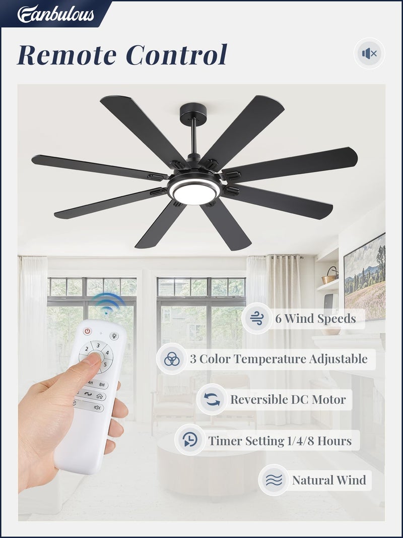 Fanbulous 65 Inch Ceiling Fans with Lights and Remote, Black Ceiling Fan with 8 Dual-Color Blades, Indoor/Outdoor Large Ceiling Fans, Reversible DC Motor, 6-Speed, 3CCT for Living Room Kitchen Patio - Image 2