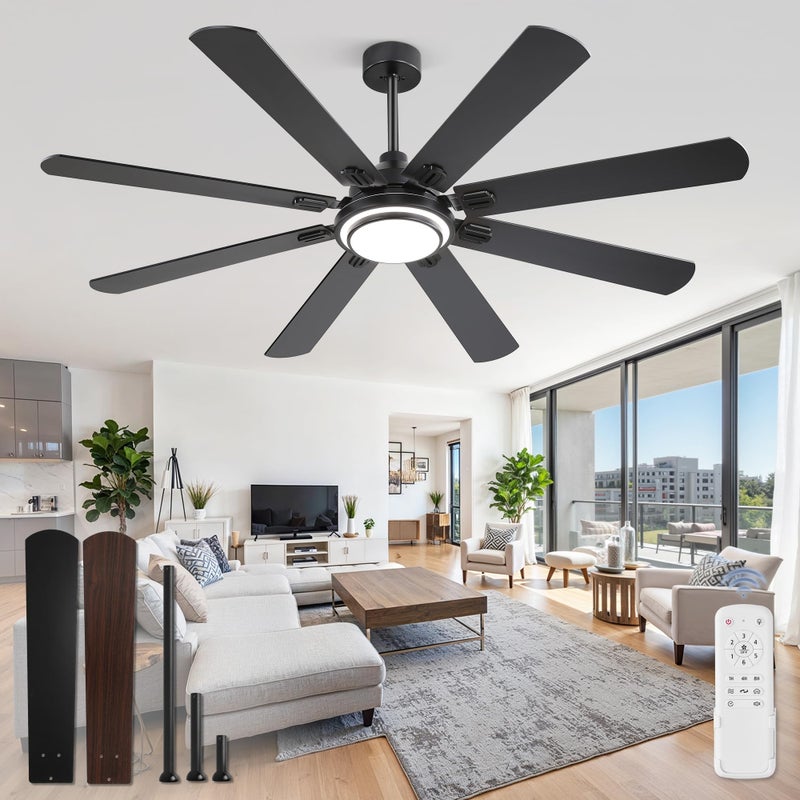 Fanbulous 65 Inch Ceiling Fans with Lights and Remote, Black Ceiling Fan with 8 Dual-Color Blades, Indoor/Outdoor Large Ceiling Fans, Reversible DC Motor, 6-Speed, 3CCT for Living Room Kitchen Patio - Image 1