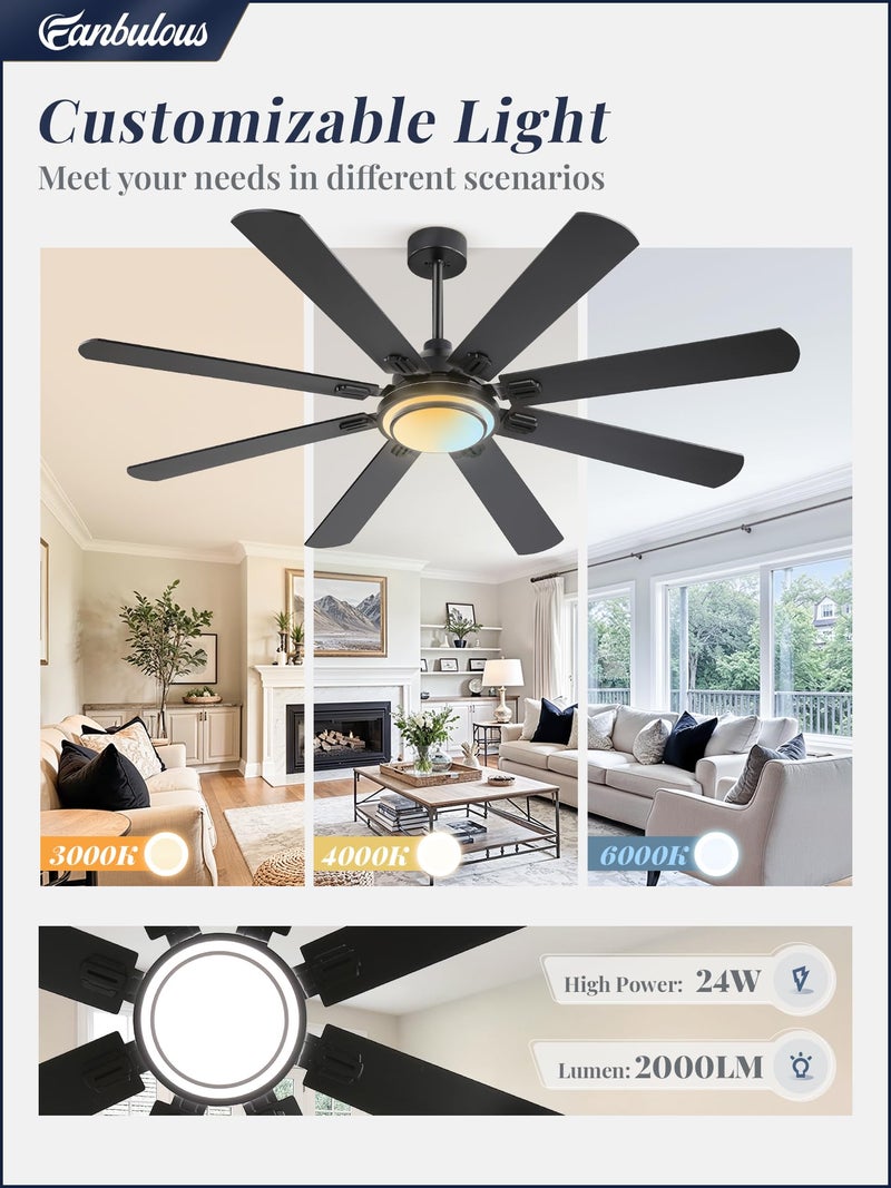 Fanbulous 65 Inch Ceiling Fans with Lights and Remote, Black Ceiling Fan with 8 Dual-Color Blades, Indoor/Outdoor Large Ceiling Fans, Reversible DC Motor, 6-Speed, 3CCT for Living Room Kitchen Patio - Image 4