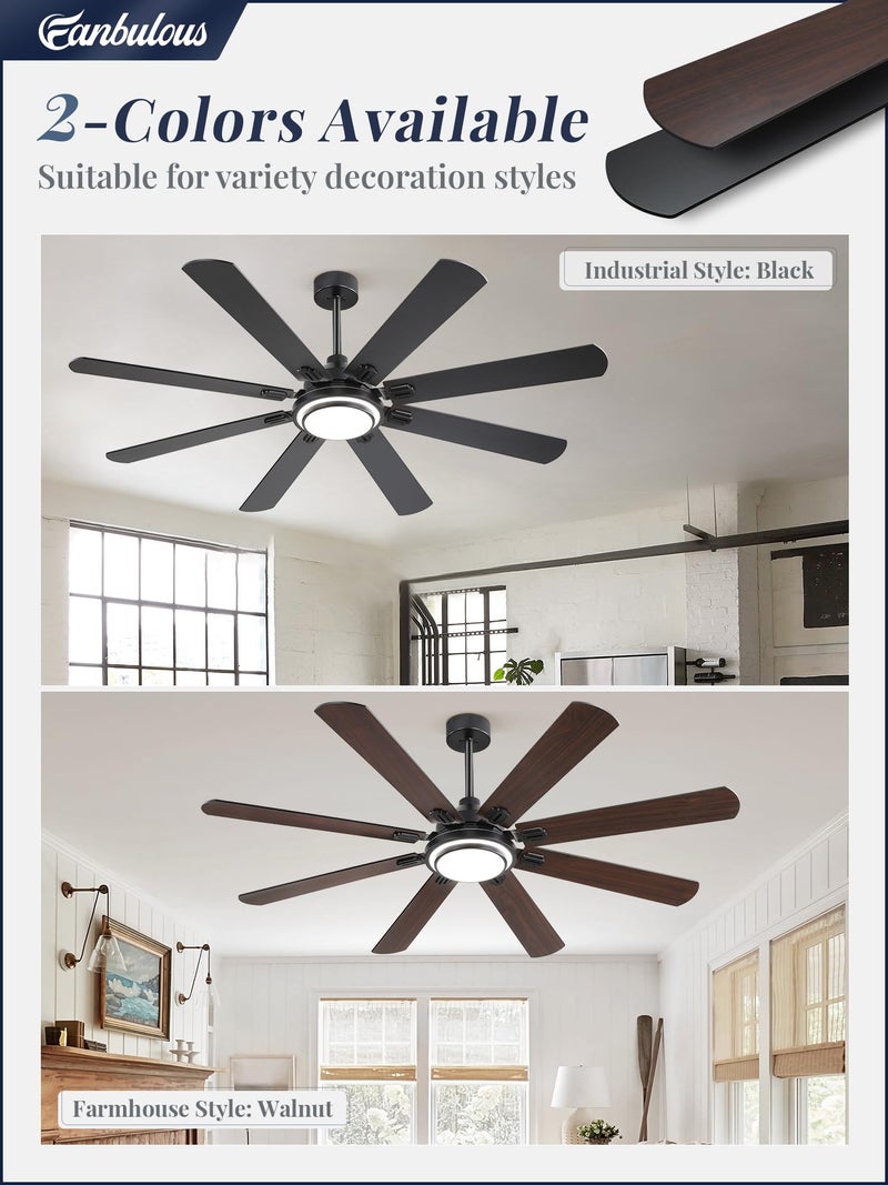 Fanbulous 65 Inch Ceiling Fans with Lights and Remote, Black Ceiling Fan with 8 Dual-Color Blades, Indoor/Outdoor Large Ceiling Fans, Reversible DC Motor, 6-Speed, 3CCT for Living Room Kitchen Patio - Image 3