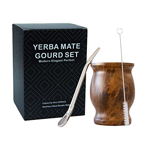 LA FEE Yerba Mate Natural Gourd/Tea Cup Set Brown (Original Traditional Mate Cup - 8 Ounces)，Includes Yerba Mate Straw & Cleaning Brush，Stainless Steel | Double-Walled | Easy to Clean (Brown) - Image 1