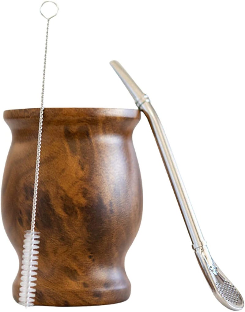 LA FEE Yerba Mate Natural Gourd/Tea Cup Set Brown (Original Traditional Mate Cup - 8 Ounces)，Includes Yerba Mate Straw & Cleaning Brush，Stainless Steel | Double-Walled | Easy to Clean (Brown) - Image 2