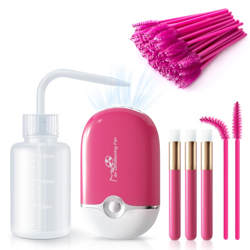 mlogiroa Lash Eyelash Fan Kit  Mini Portable Fans with 50 Lash Shampoo Brush 3 Nose Blackhead Facial Cleaning Brush 1 Plastic Wash Bottle ROSE