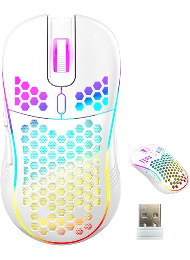 Wireless Gaming Mouse Rgb Backlight 6 Button Pc Mouse Ultra Light Honeycomb Shell For Laptop/Desktop/Tablet Gaming Office (White Wireless) - Image 1