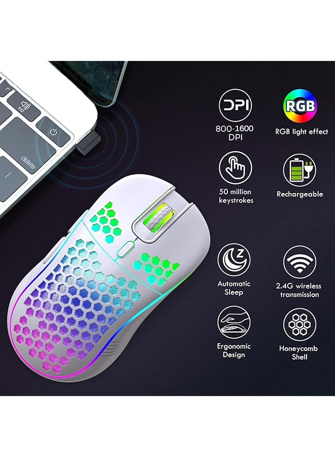 Wireless Gaming Mouse Rgb Backlight 6 Button Pc Mouse Ultra Light Honeycomb Shell For Laptop/Desktop/Tablet Gaming Office (White Wireless) - Image 3