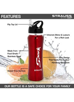 STRAUSS Spark Stainless Steel Water Bottle, Metal Finish | Sipper Bottle | Gym Bottle | Pack Of 2(Red)  - Image 2