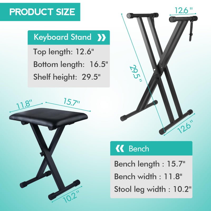 Bazayona Keyboard Stand Piano Bench Set, Double X Adjustable Keyboard Stand Piano Stand with Lockable Straps, (Piano Keyboard Stand x 1, Piano Bench x 1), (7 Adjustable Heights), Black - Image 2