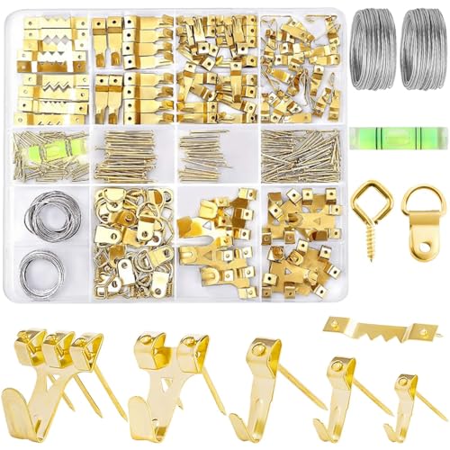 MTRoyaldia 303Pcs Picture Hanging Kit, Picture Hangers Assorted Kit with Heavy Duty Picture Hanging Hooks/Hardware Nails/Sawtooth/Wire/D Rings/Level, Metal Picture Wall Hooks for Frame Canvas Mounting - Image 1