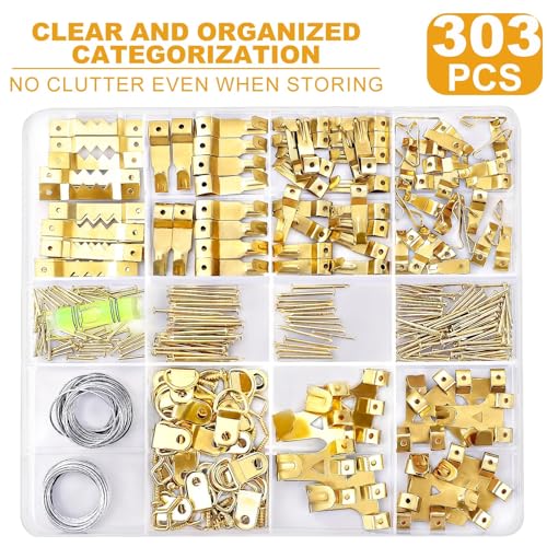MTRoyaldia 303Pcs Picture Hanging Kit, Picture Hangers Assorted Kit with Heavy Duty Picture Hanging Hooks/Hardware Nails/Sawtooth/Wire/D Rings/Level, Metal Picture Wall Hooks for Frame Canvas Mounting - Image 2