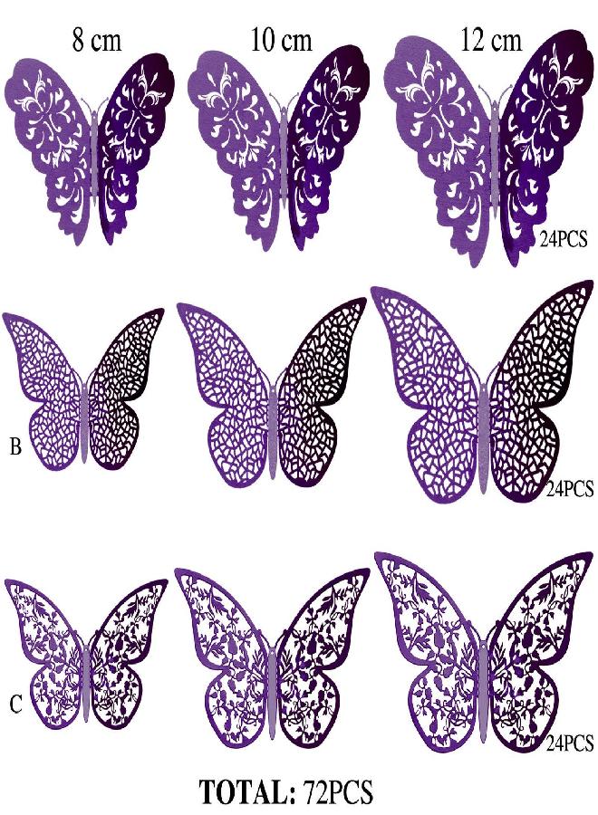 Bememo 72 Pieces 3D Butterfly Wall Decals Sticker Wall Decal Decor Art Decorations Sticker Set 3 Sizes for Room Home Nursery Classroom Offices Kids Girl Boy Bedroom Bathroom Living Room Decor (Purple)  - Image 3