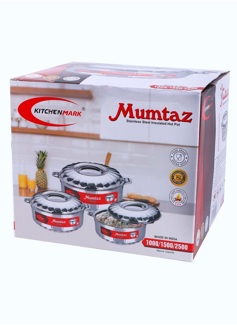 Kitchenmark 3pc Mumtaz Stainless Steel Insulated Casserole Food Warmer Hotpot 1L,1.5L,2.5L - Silver  - Image 4
