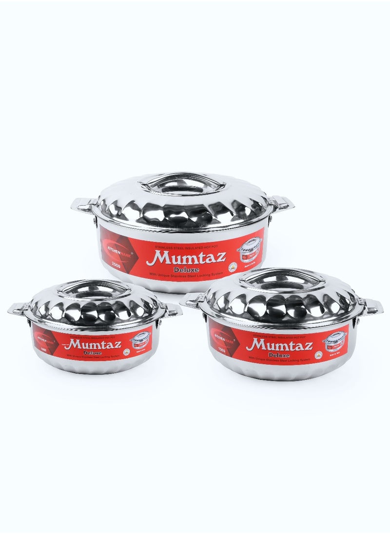 Kitchenmark 3pc Mumtaz Stainless Steel Insulated Casserole Food Warmer Hotpot 1L,1.5L,2.5L - Silver  - Image 1