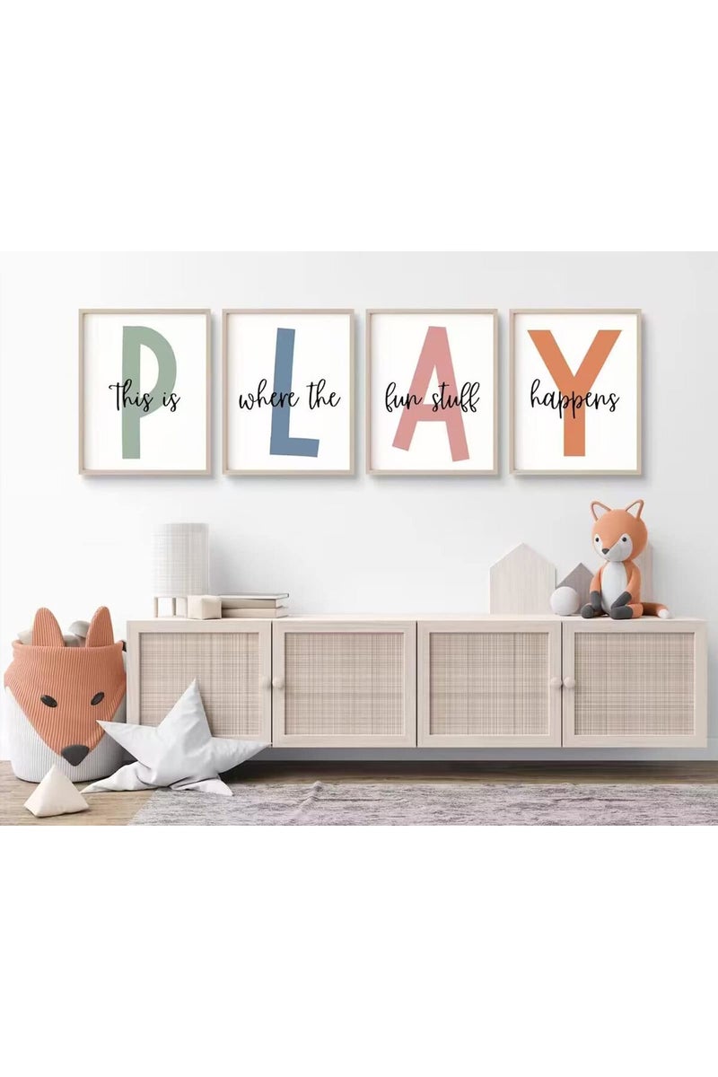 Baccone Kids Playroom Wall Art Boys Room Wall Decor Childrens Playroom Canvas Prints Baby Boy Kids Room Poster Decor Toddler Nursery Print Artwork Let'S Play Sign 12x16 Inch Set of 4 UNFRAMED - Image 1
