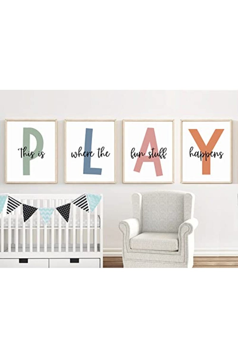 Baccone Kids Playroom Wall Art Boys Room Wall Decor Childrens Playroom Canvas Prints Baby Boy Kids Room Poster Decor Toddler Nursery Print Artwork Let'S Play Sign 12x16 Inch Set of 4 UNFRAMED - Image 4