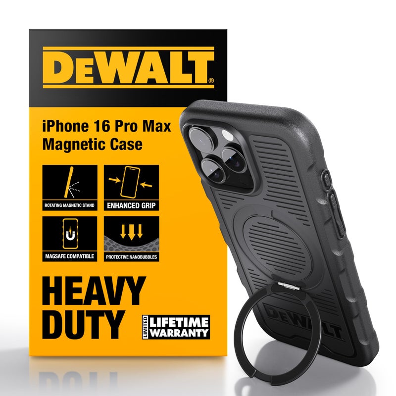 DEWALT حلقة مغناطيسية قابلة للدوران 360° من DEWALT لحافظة iPhone 16 Pro Max، حماية قوية من السقوط تناسب MagSafe مع حامل وحلقة، مقاومة للصدمات مع فقاعات نانوية لحافظة iPhone 16 Pro Max، سوداء - Image 1