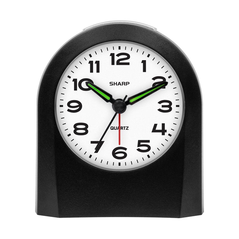 Sharp Small Battery Operated Analog Alarm Clock Silent No Ticking Lighted on Demand and Snooze Beep Sounds Gentle Wake Ascending Alarm