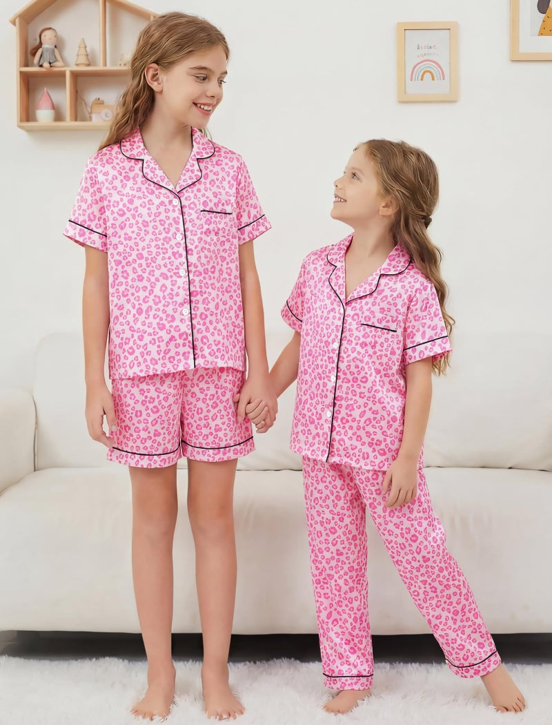 Mikrdoo Girls Pajamas 3 Piece Silk Satin Short Sleeve and Long Shorts Pjs Set Soft Comfy Breathable Pink Leopard Girls' Sleepwear Size 10 Years - Image 4