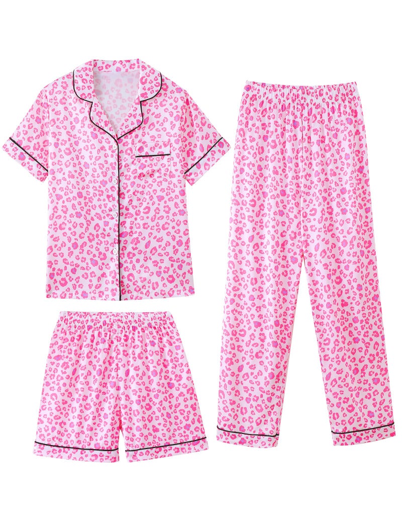 Mikrdoo Girls Pajamas 3 Piece Silk Satin Short Sleeve and Long Shorts Pjs Set Soft Comfy Breathable Pink Leopard Girls' Sleepwear Size 10 Years - Image 1