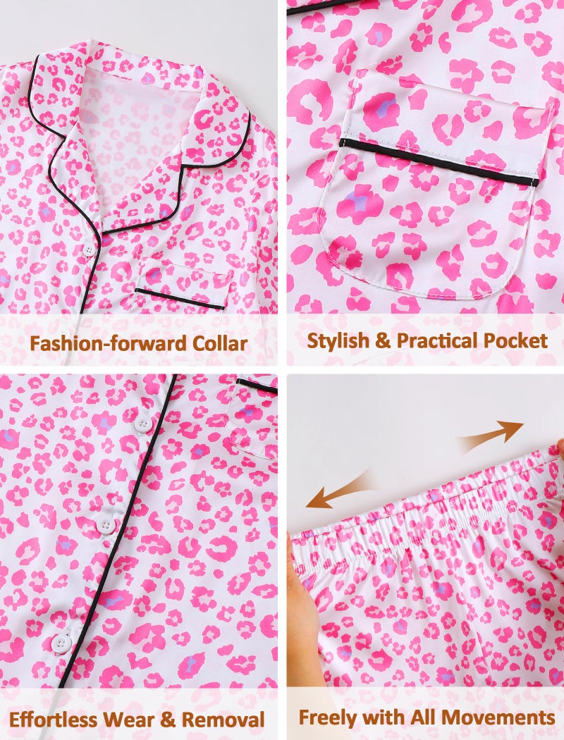 Mikrdoo Girls Pajamas 3 Piece Silk Satin Short Sleeve and Long Shorts Pjs Set Soft Comfy Breathable Pink Leopard Girls' Sleepwear Size 10 Years - Image 5
