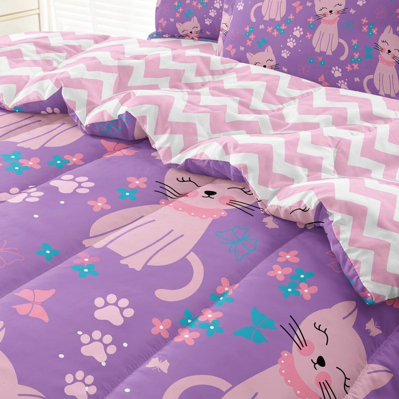 SIRDO 5 Piece Girls Cat Comforter Set Full Size Bed in A Bag Pink Cute Cartoon Cats Bedding Set for Kids Teens (1 Comforter  1 Flat Sheet  1 Fitted Sheet  2 Pillowcases)  Purple Pink - Image 4