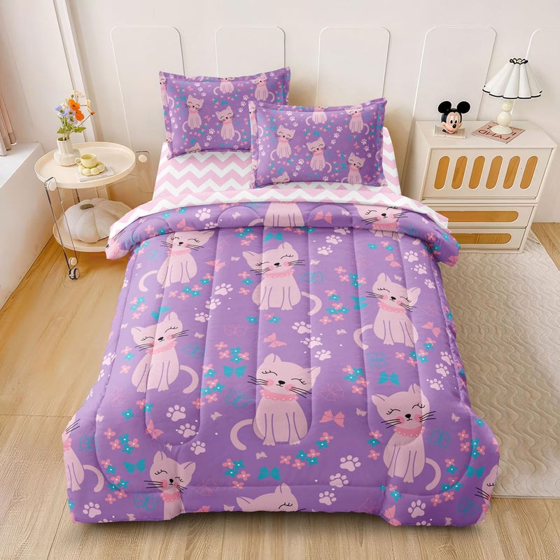 SIRDO 5 Piece Girls Cat Comforter Set Full Size Bed in A Bag Pink Cute Cartoon Cats Bedding Set for Kids Teens (1 Comforter  1 Flat Sheet  1 Fitted Sheet  2 Pillowcases)  Purple Pink - Image 3