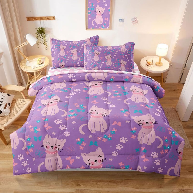 SIRDO 5 Piece Girls Cat Comforter Set Full Size Bed in A Bag Pink Cute Cartoon Cats Bedding Set for Kids Teens (1 Comforter  1 Flat Sheet  1 Fitted Sheet  2 Pillowcases)  Purple Pink - Image 1