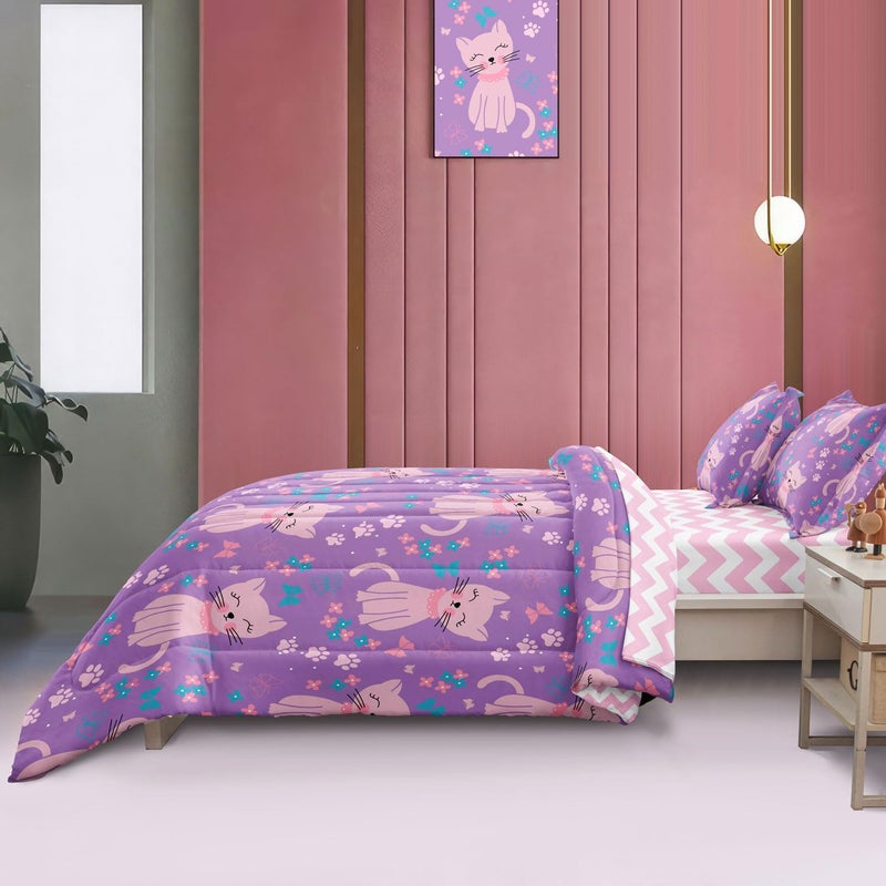 SIRDO 5 Piece Girls Cat Comforter Set Full Size Bed in A Bag Pink Cute Cartoon Cats Bedding Set for Kids Teens (1 Comforter  1 Flat Sheet  1 Fitted Sheet  2 Pillowcases)  Purple Pink - Image 5