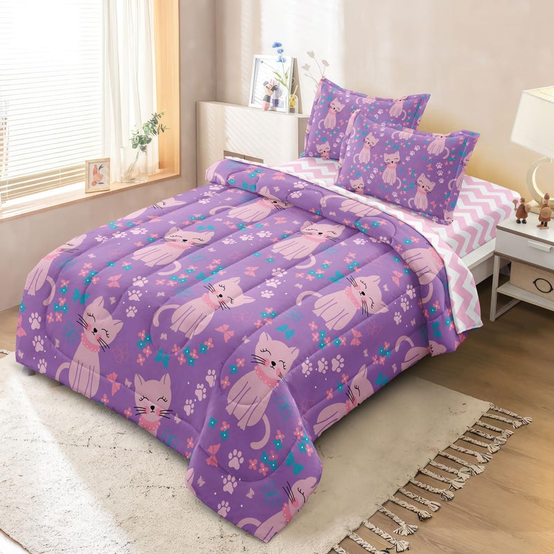 SIRDO 5 Piece Girls Cat Comforter Set Full Size Bed in A Bag Pink Cute Cartoon Cats Bedding Set for Kids Teens (1 Comforter  1 Flat Sheet  1 Fitted Sheet  2 Pillowcases)  Purple Pink - Image 2