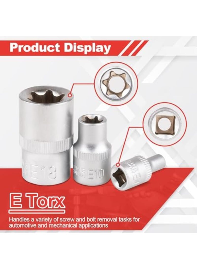 Barakah طقم مفاتيح إيتوركس 14 قطعة، طقم مفاتيح نجمة إيتوركس الخارجية الممتازة، مجموعة أدوات احترافية للسيارات والميكانيكا مع محركات 1/4"، 3/8"، 1/2"، أحجام E4 - E24، تشمل علبة تخزين متينة - Image 2