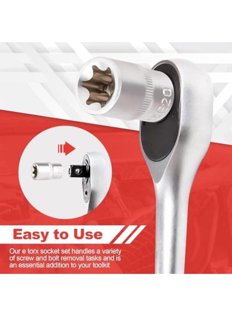 Barakah طقم مفاتيح إيتوركس 14 قطعة، طقم مفاتيح نجمة إيتوركس الخارجية الممتازة، مجموعة أدوات احترافية للسيارات والميكانيكا مع محركات 1/4"، 3/8"، 1/2"، أحجام E4 - E24، تشمل علبة تخزين متينة - Image 5