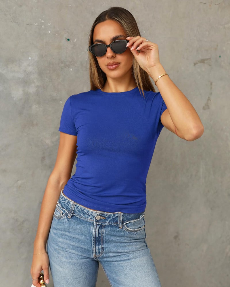 Abardsion Women's Casual Basic Going Out Crop Tops Slim Fit Short Sleeve Crew Neck Tight T Shirts 2026 (Royal Blue, S) - Image 2